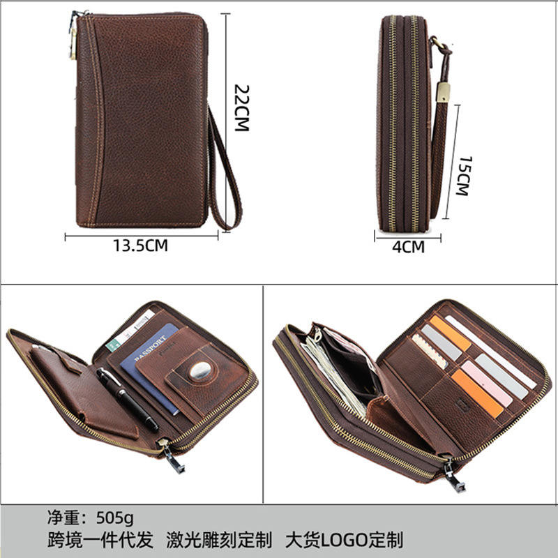 Black Angel Litchi Leather Double Zip Clutch Wrist Strap with Password Lock Travel Passport Bag - Image 3