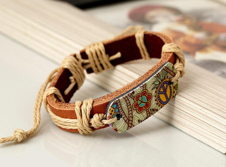 Sign of Peace Leather Bracelet – Unisex Genuine Leather Hemp Rope Braided Wrap Bangle for Men & Women - Image 4