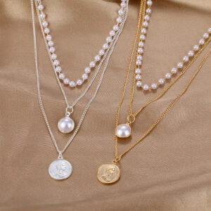 Triple Layer Pearl Portrait Pendant Necklace for Women