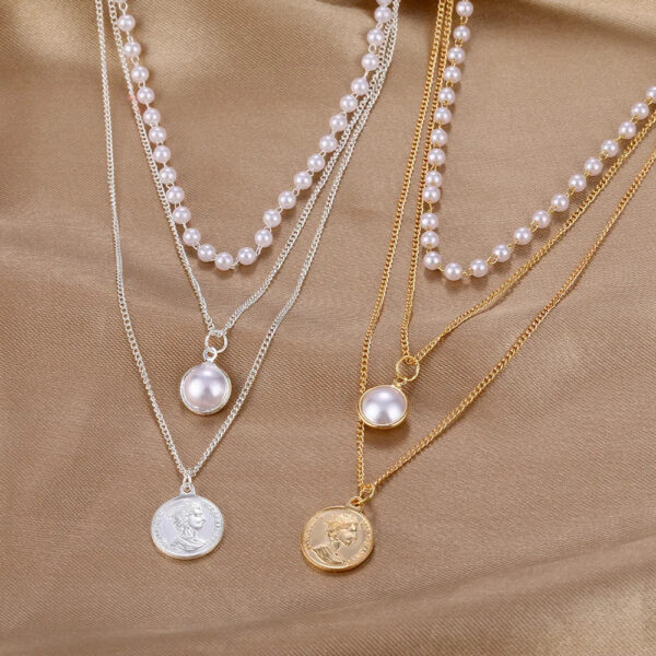 Triple Layer Pearl Portrait Pendant Necklace for Women