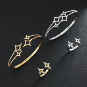 Silver-Plated Zircon Star Bracelet & Ring Set for Women