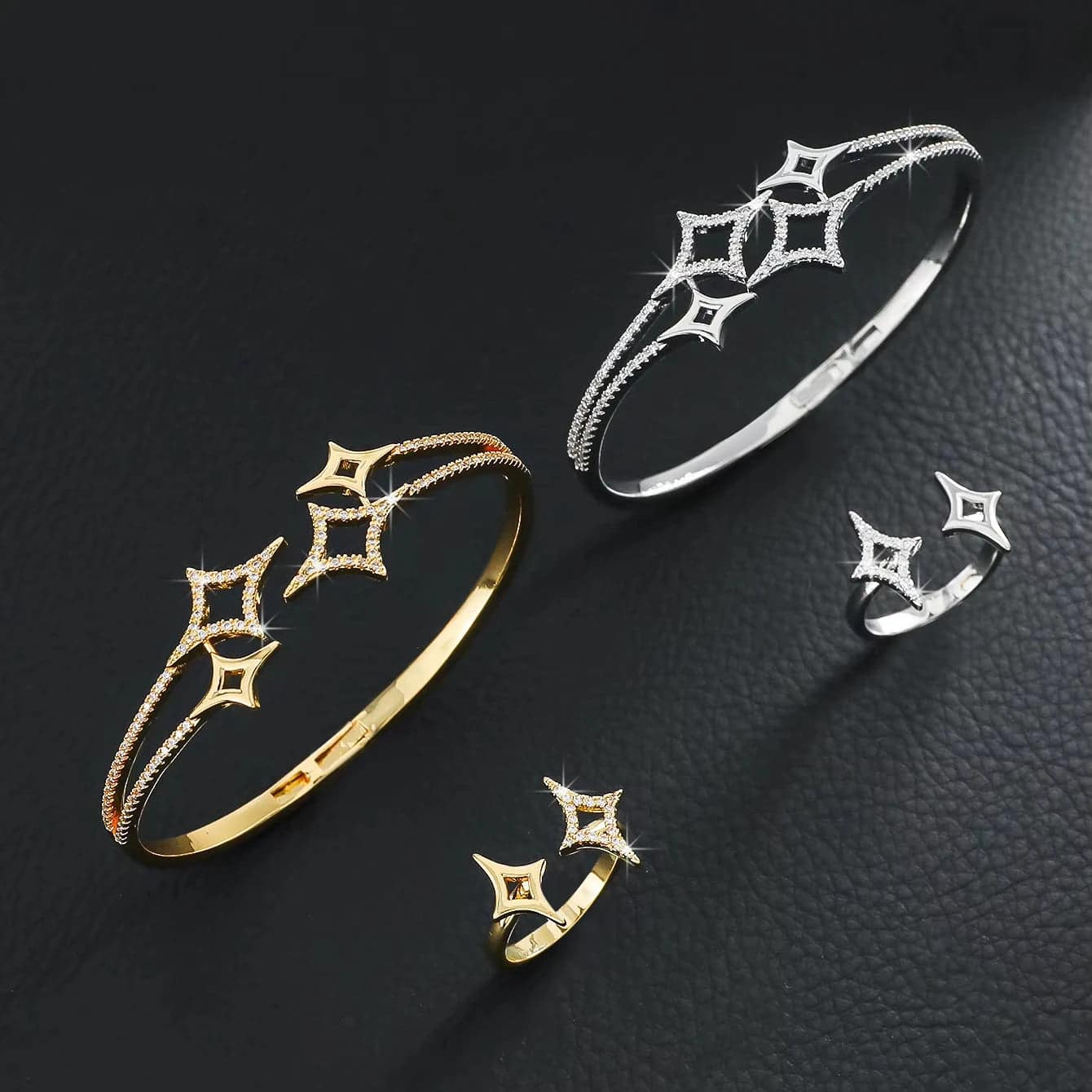 Silver-Plated Zircon Star Bracelet & Ring Set for Women