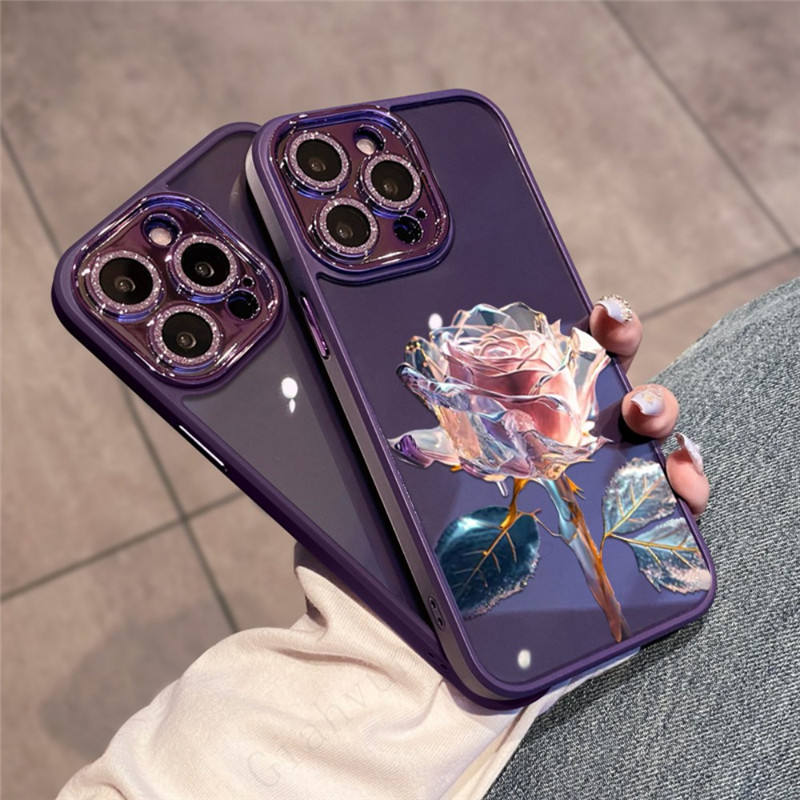 Glitter Diamond Glass Lens Protector Dream Rose Transparent PC Case for iPhone - Image 6