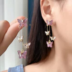 Purple Crystal Butterfly Tassel Earrings for Women