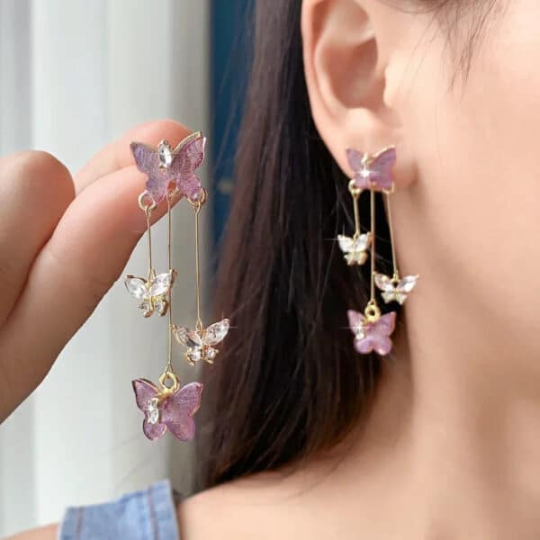 Purple Crystal Butterfly Tassel Earrings for Women