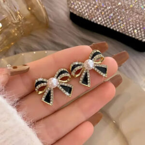 Korean Rhinestone Bowknot Stud Earrings for Women
