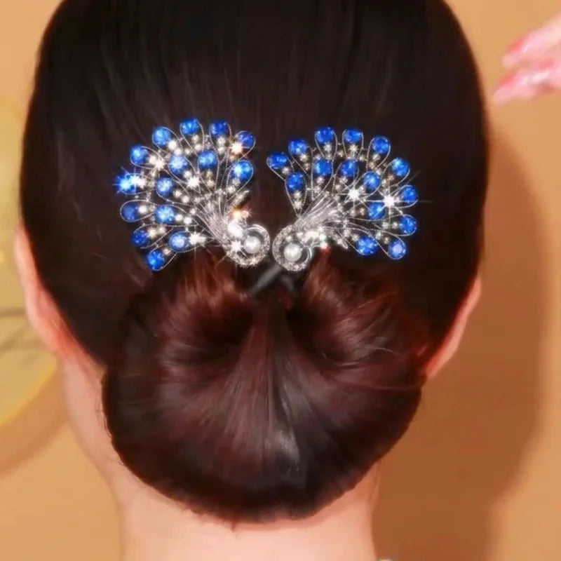 Blue Rhinestone Feather Hair Bun Maker for Women