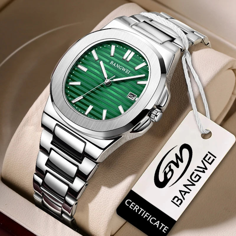 LIGE Men's Green Square Quartz Watch Waterproof Stainless Steel - Image 2
