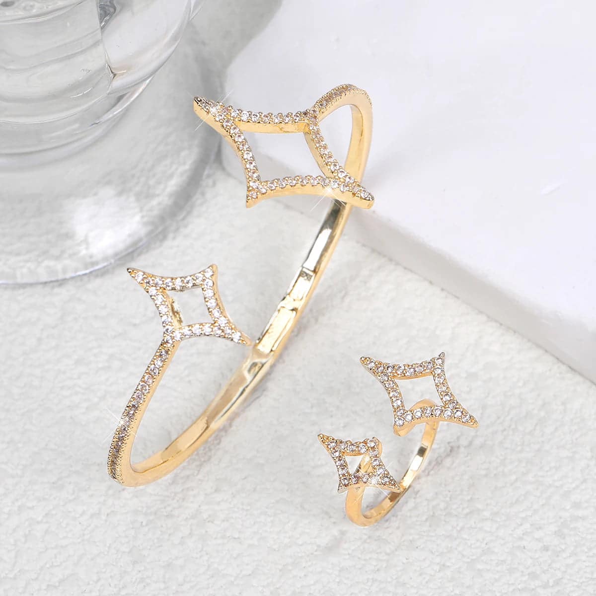 Zircon Star Bangle & Ring Set Silver-Plated Jewelry for Women