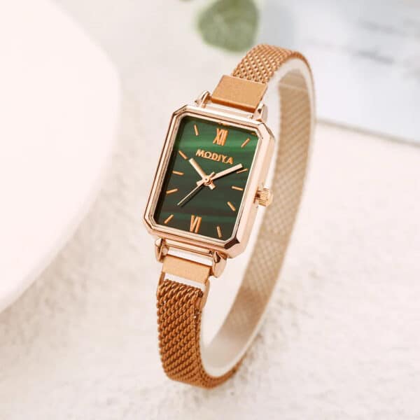 Women's Square Quartz Watch Rose Gold Mesh Strap Green Dial - Image 2