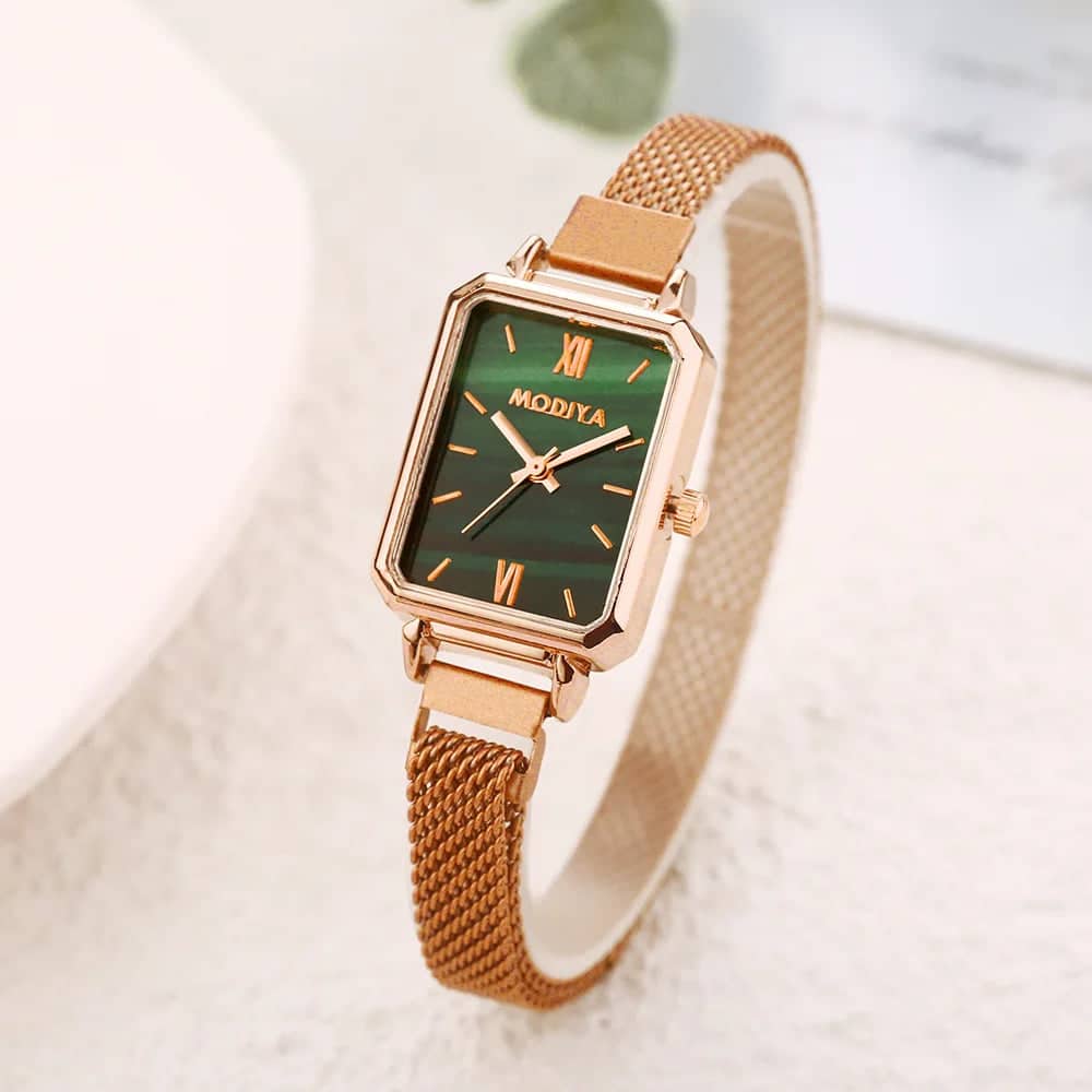 Women's Square Quartz Watch Rose Gold Mesh Strap Green Dial - Image 2