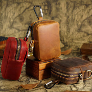 Genuine Leather Mini Waist Bag with Zipper for Running