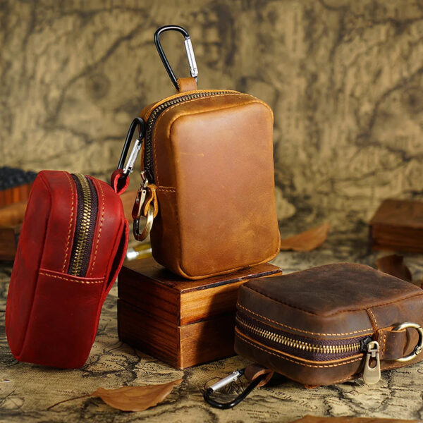 Genuine Leather Mini Waist Bag with Zipper for Running