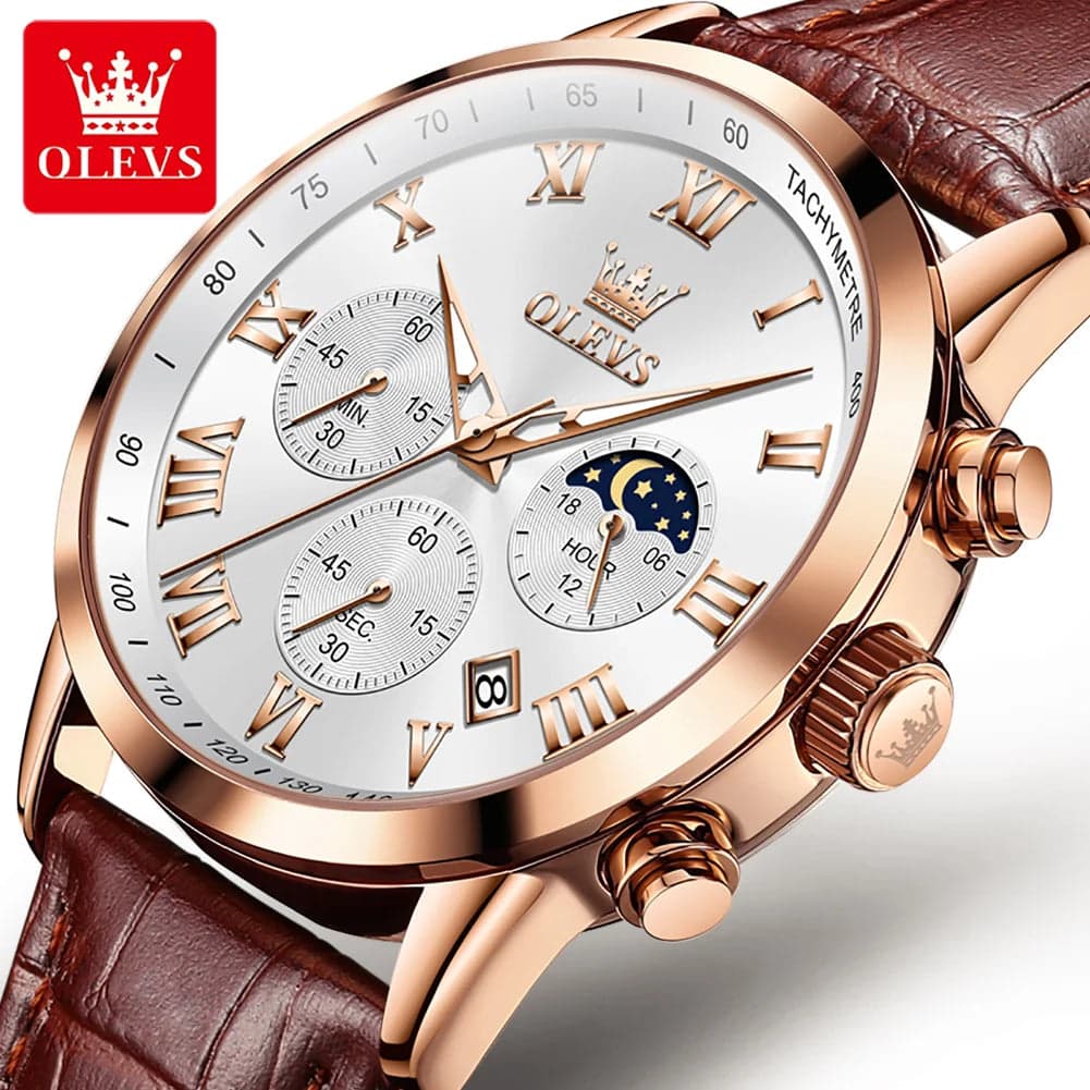 OLEVS Men's Fashion Sports Quartz Watch with Leather Strap