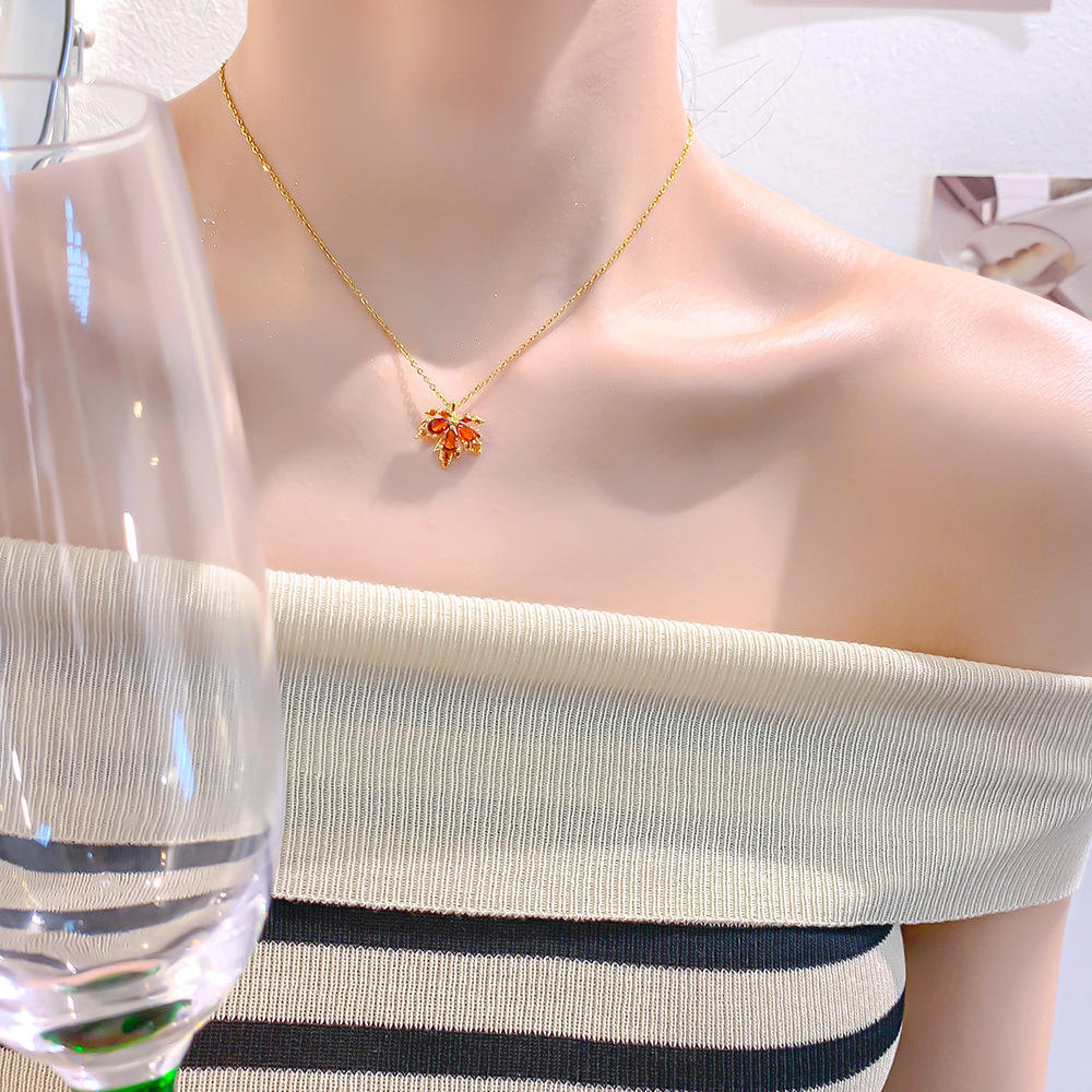 Elegant Maple Leaf Necklace with Red Accents – Premium Materials, Gemstone Jewelry for Special Occasions - Image 2