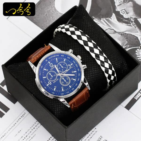 Men's Quartz Watch & Bracelet Gift Set with Leather Strap - Image 6