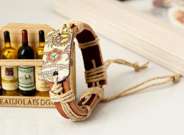Sign of Peace Leather Bracelet – Unisex Genuine Leather Hemp Rope Braided Wrap Bangle for Men & Women - Image 3
