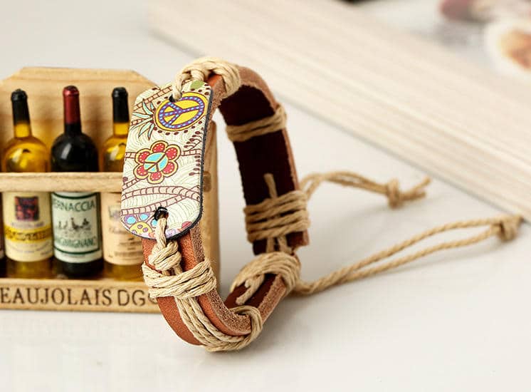 Sign of Peace Leather Bracelet – Unisex Genuine Leather Hemp Rope Braided Wrap Bangle for Men & Women - Image 3