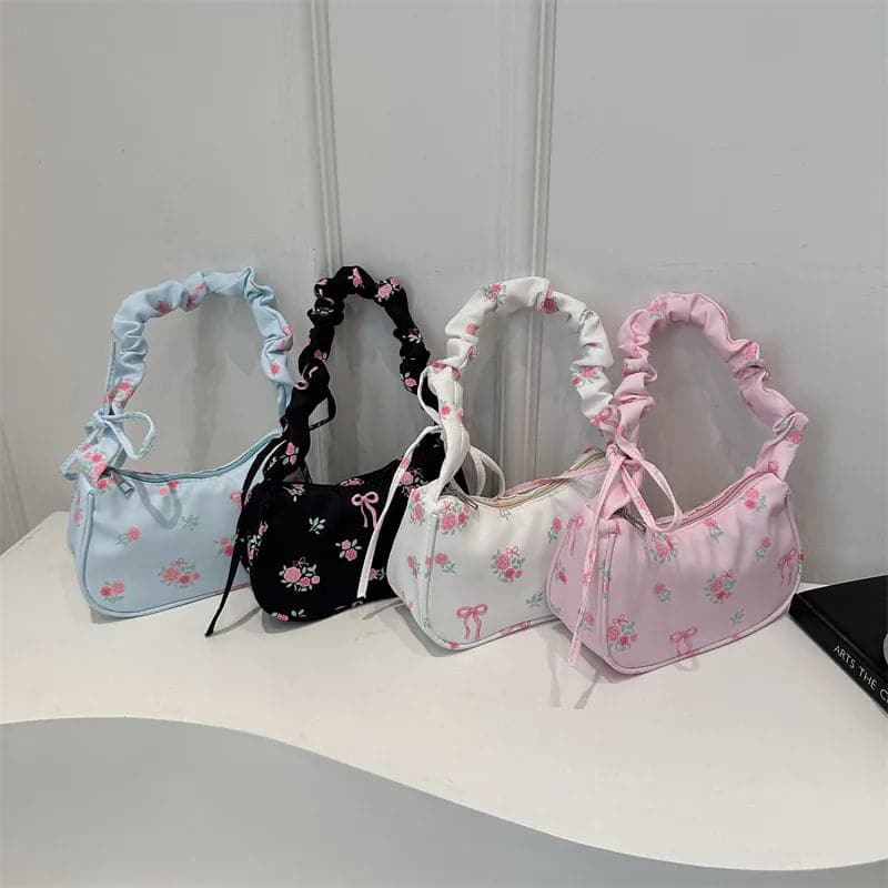 Women's Floral Bow Pleated Shoulder Korean Style Bagđ