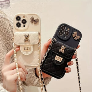 3D Bow Bear PU Leather Phone Case with Lanyard for iPhone