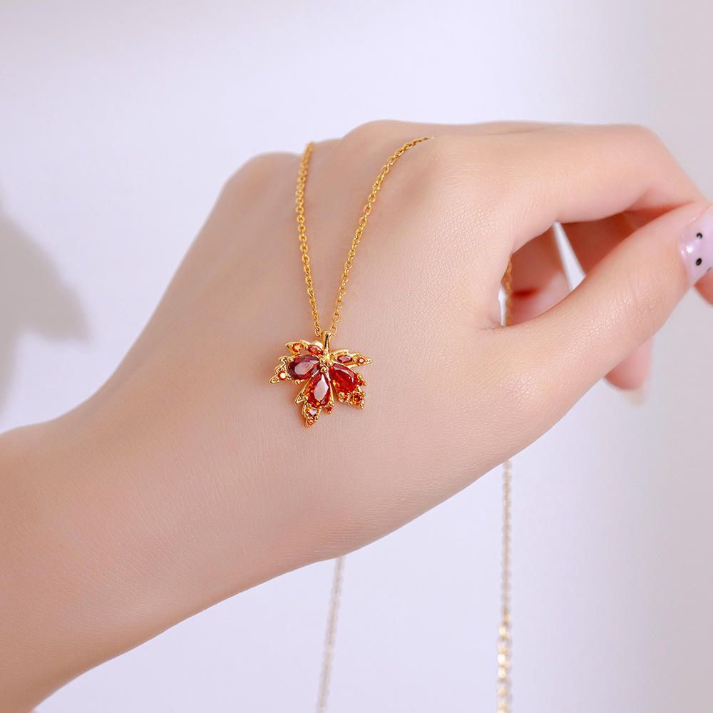 Elegant Maple Leaf Necklace with Red Accents – Premium Materials, Gemstone Jewelry for Special Occasions - Image 3