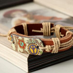 Sign of Peace Leather Bracelet – Unisex Genuine Leather Hemp Rope Braided Wrap Bangle for Men & Women