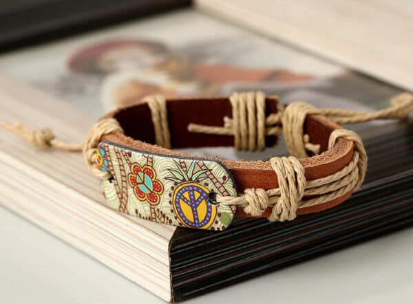 Sign of Peace Leather Bracelet – Unisex Genuine Leather Hemp Rope Braided Wrap Bangle for Men & Women