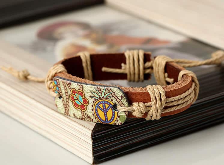 Sign of Peace Leather Bracelet – Unisex Genuine Leather Hemp Rope Braided Wrap Bangle for Men & Women