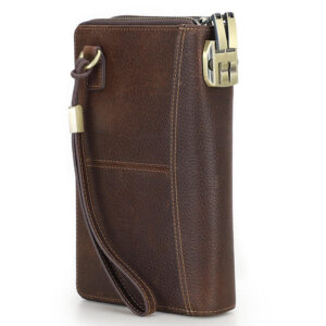 Black Angel Litchi Leather Double Zip Clutch Wrist Strap with Password Lock Travel Passport Bag