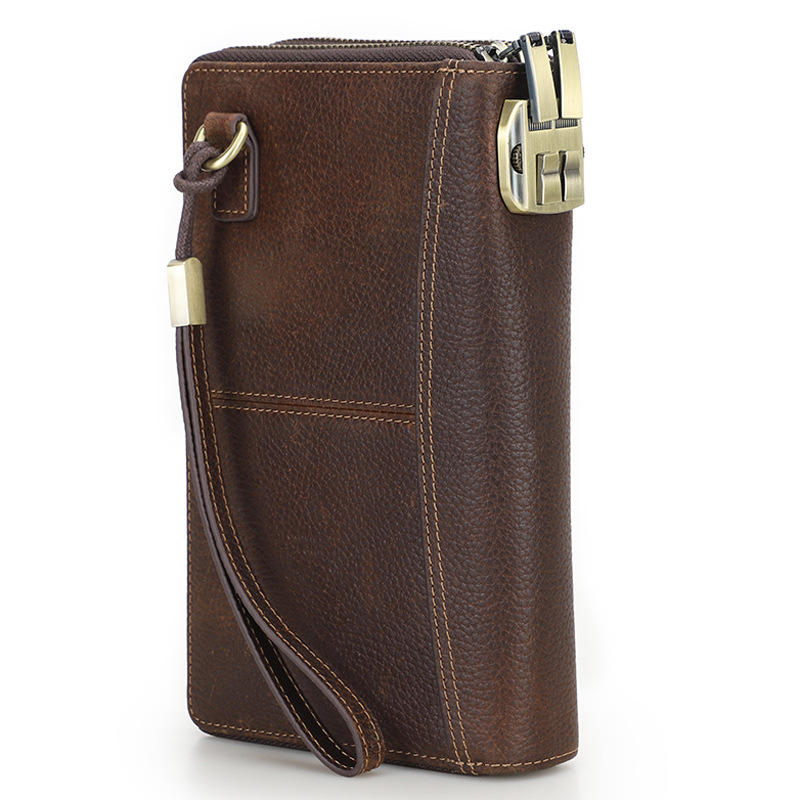 Black Angel Litchi Leather Double Zip Clutch Wrist Strap with Password Lock Travel Passport Bag