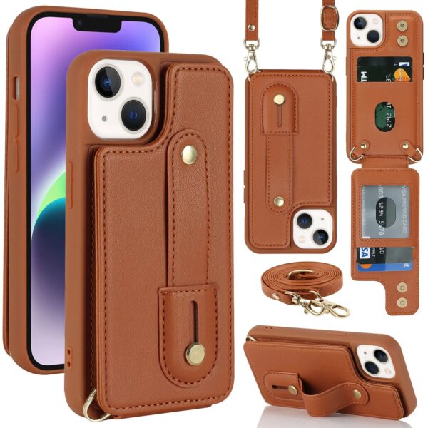 Manufacturer Leather Phone Bags Card Holder Wrist Strap Phone Cases for iPhone
