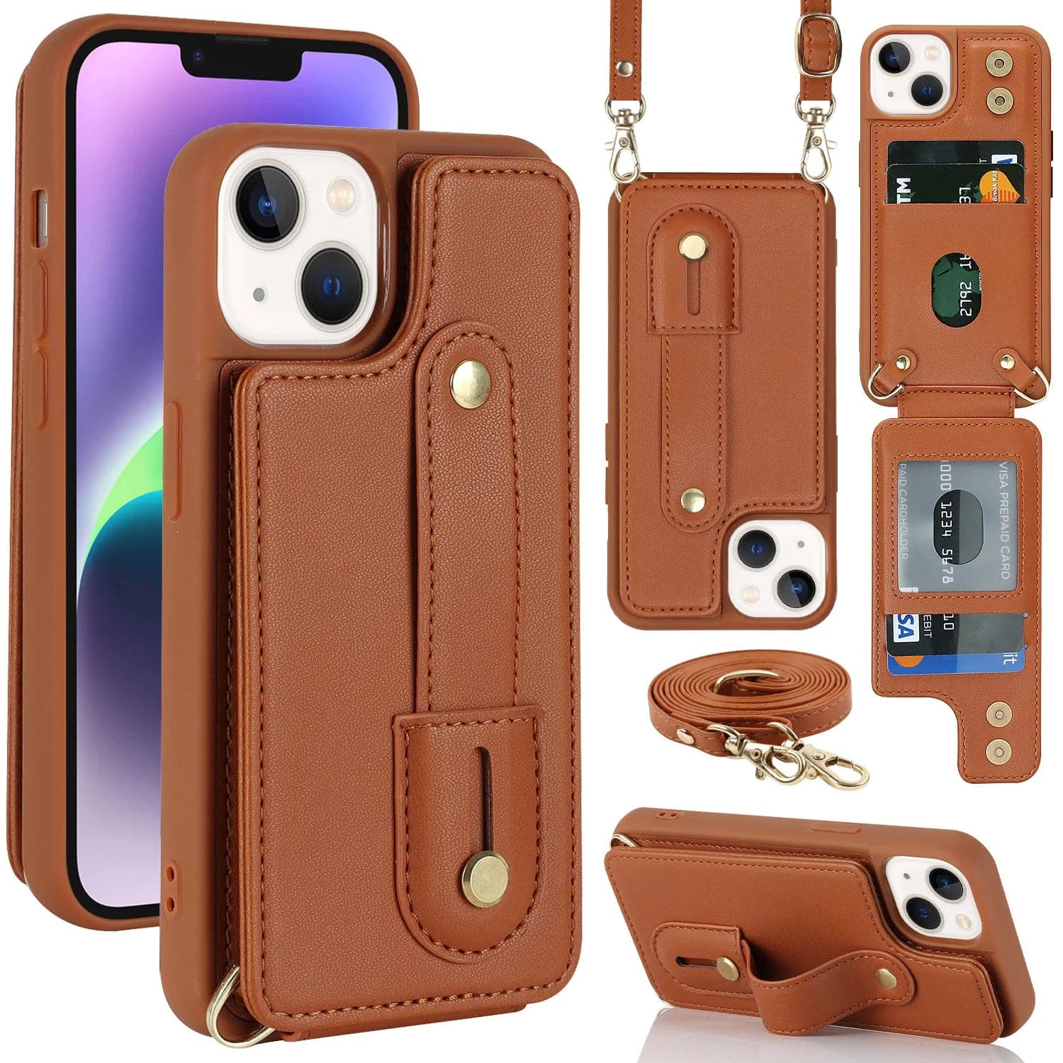 Manufacturer Leather Phone Bags Card Holder Wrist Strap Phone Cases for iPhone