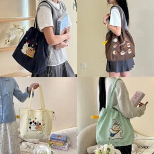 Trendy Canvas Tote with Cartoon Embroidery & Detachable Strap