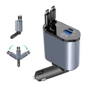 4-in-1 Fast Car Charger with LED Display & Retractable Type-C Cables – Portable for iPhone 16