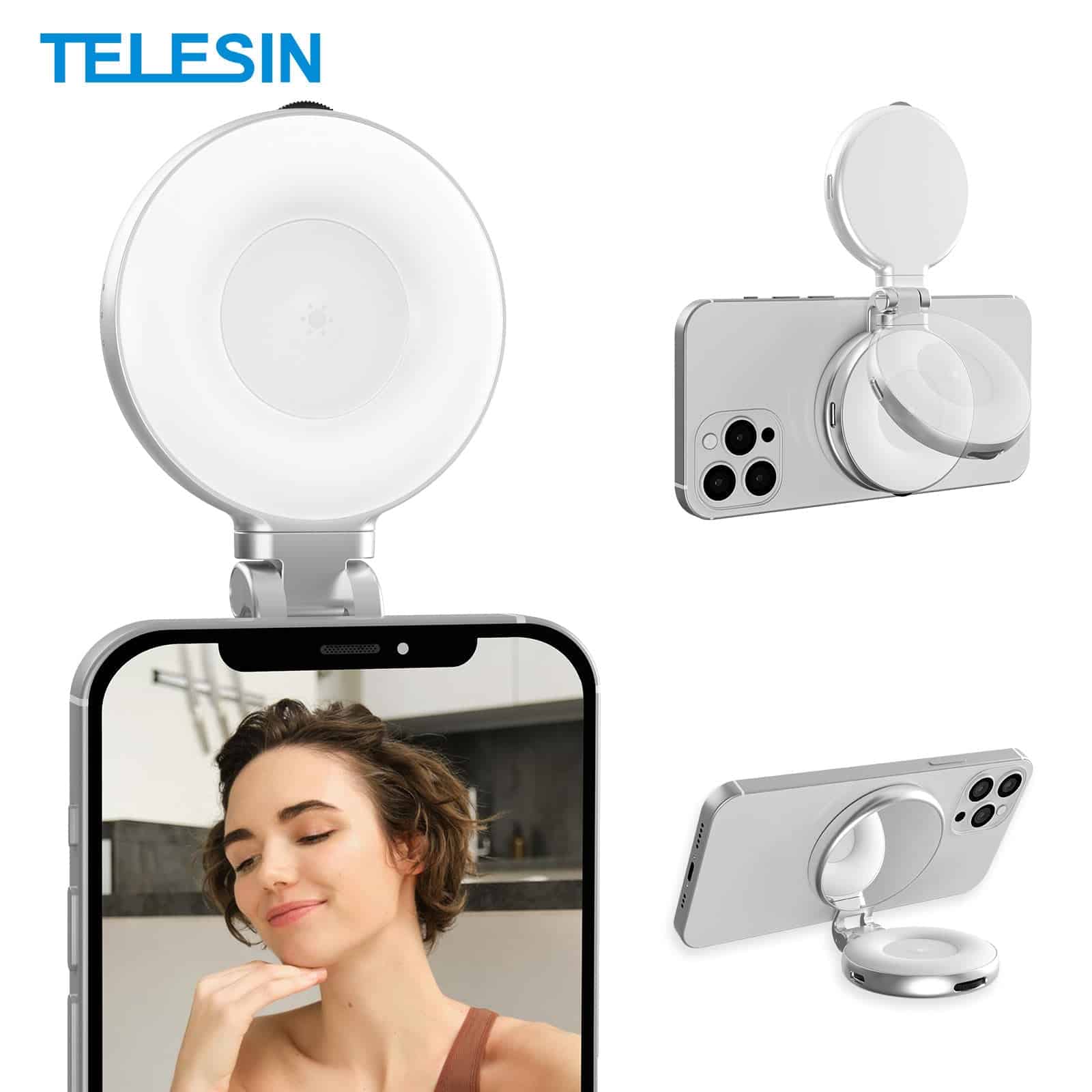 TELESIN Portable LED Selfie Ring Light with 360° Rotation & Makeup Mirror