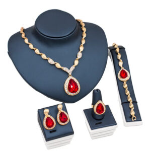 18K Gold Plated Red Crystal Bridal Jewelry Set for Women