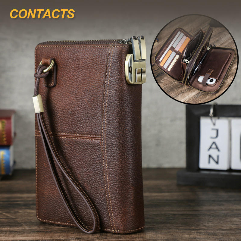 Black Angel Litchi Leather Double Zip Clutch Wrist Strap with Password Lock Travel Passport Bag - Image 2