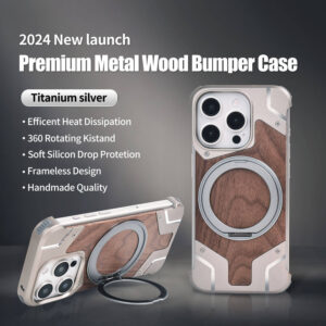 Luxury Aluminum Alloy Bumper with Real Walnut Wood Magnetic Stand Case for iPhone
