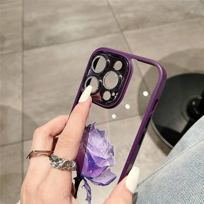 Glitter Diamond Glass Lens Protector Dream Rose Transparent PC Case for iPhone - Image 3