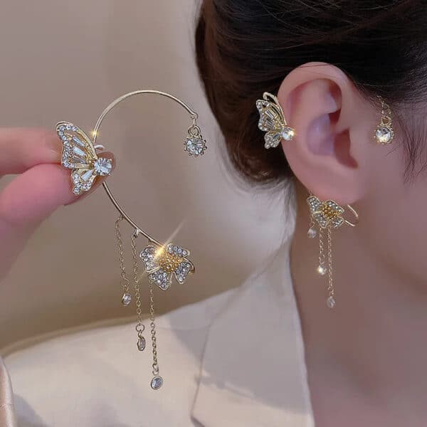 SC Fashion Tassel Clip-On Earrings Zircon Butterfly Flower Design