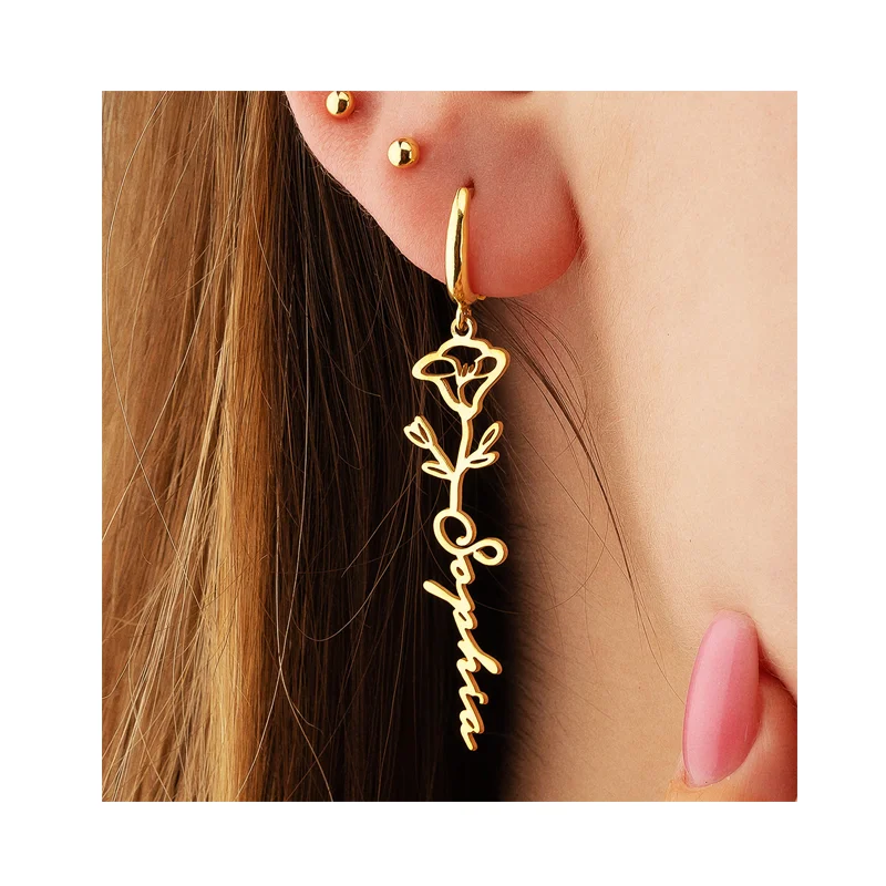 Gold Plated Birth Flower Name Hoop Earrings for Women