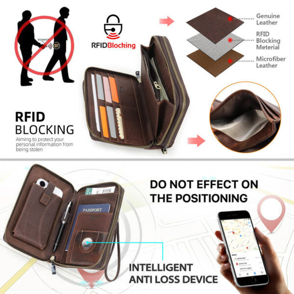 Black Angel Litchi Leather Double Zip Clutch Wrist Strap with Password Lock Travel Passport Bag - Image 4