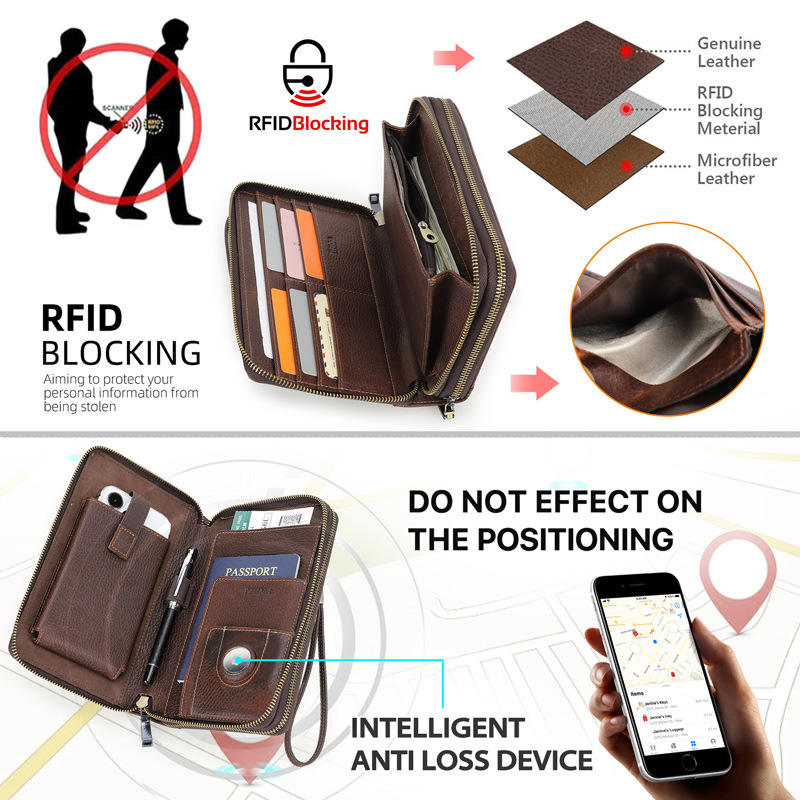 Black Angel Litchi Leather Double Zip Clutch Wrist Strap with Password Lock Travel Passport Bag - Image 4