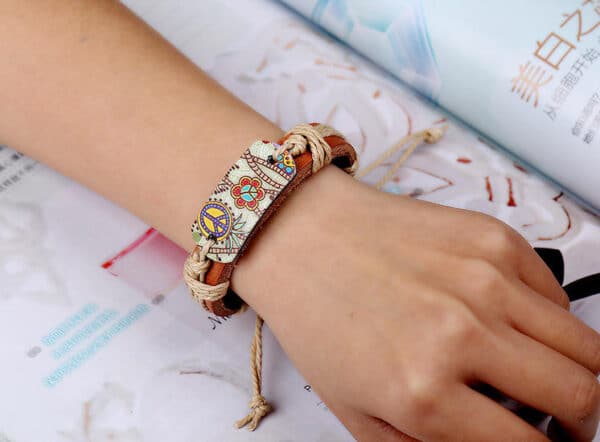 Sign of Peace Leather Bracelet – Unisex Genuine Leather Hemp Rope Braided Wrap Bangle for Men & Women - Image 2